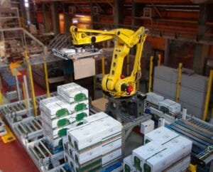 Yellow Robotic Arm Handling Boxes