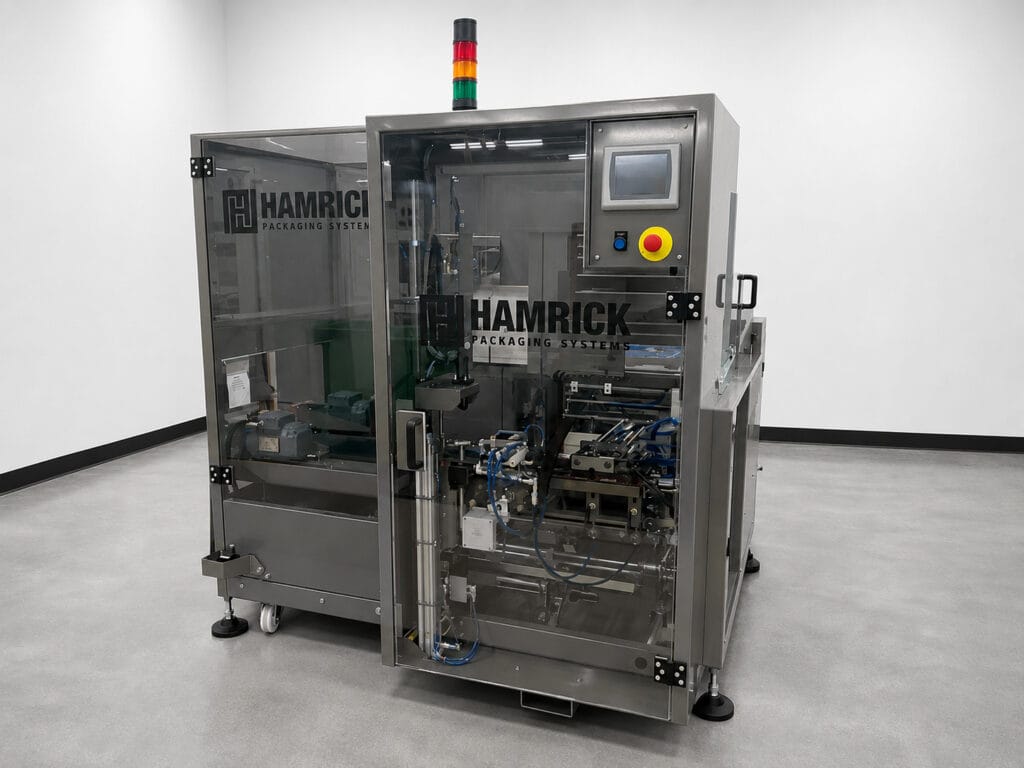 The Endoline 227 Case Erector, showcased in Hamrick Packaging Systems' branding, reflects the new partnership between the two companies, combining British engineering with local integration and support across North America.